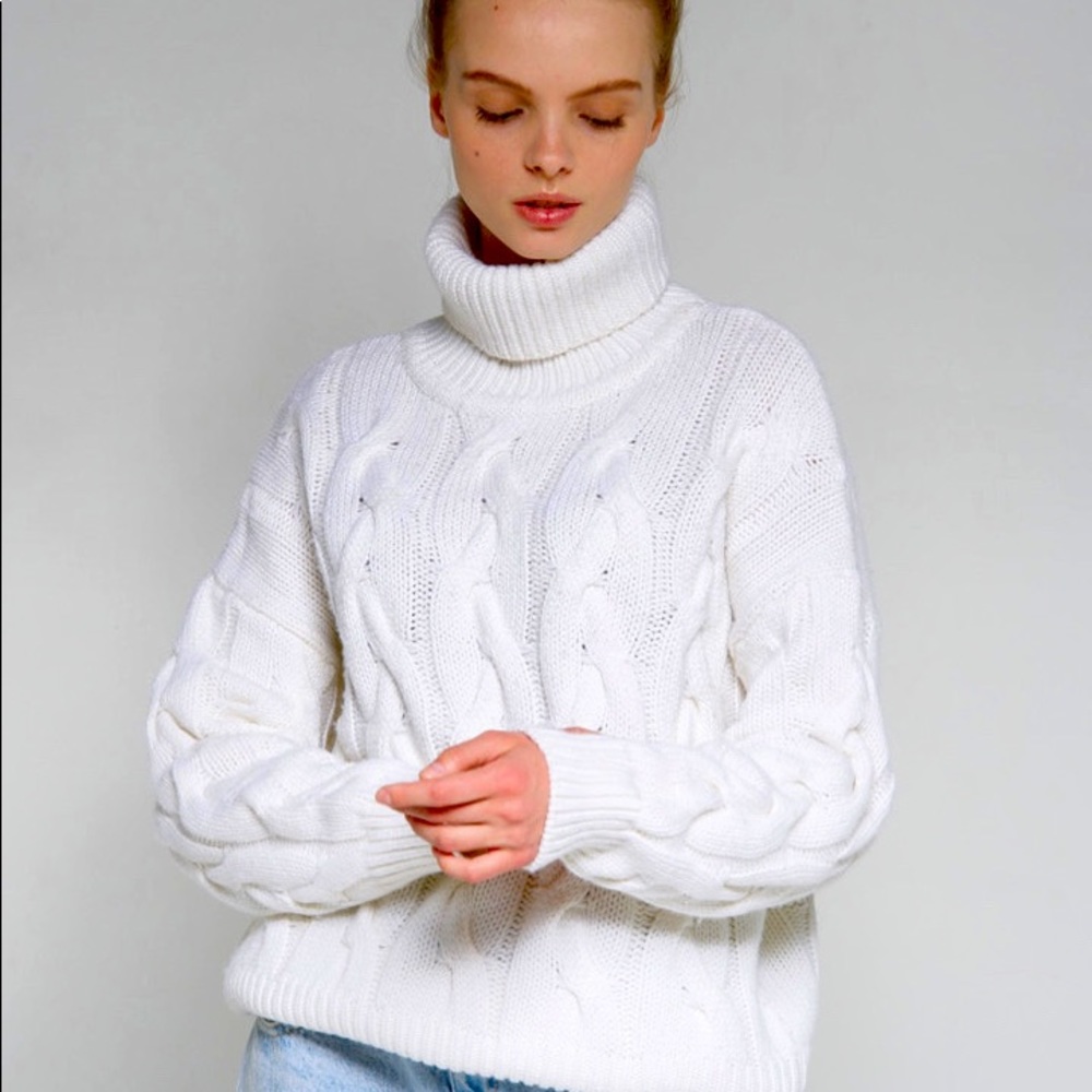 Casual Merino cashmere oversized WHITE SWEATER Cable Womens knitwear L SIZE